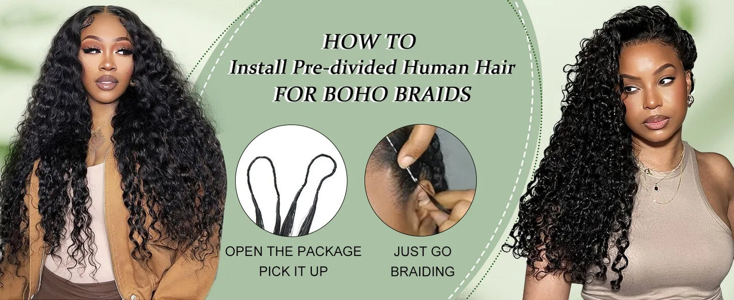 Pre-divided Bulk Hair for Braiding Deep Wave Crochet Human Hair Knotless Miracle Knots Hair Extensions Boho Braids Invisible