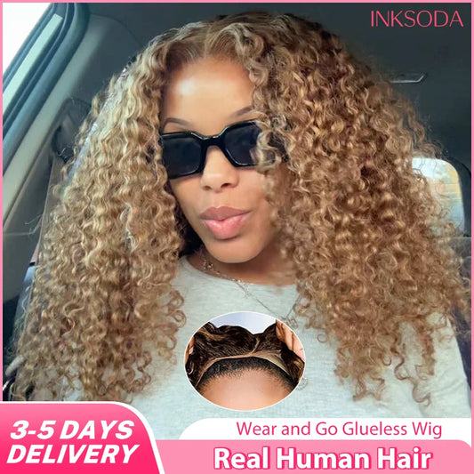 Honey Blonde Deep Wave Glueless Wigs Human Hair Pre Cut Highlight Wear and Go Curly Wigs for Women Ombre HD Lace Front Wig