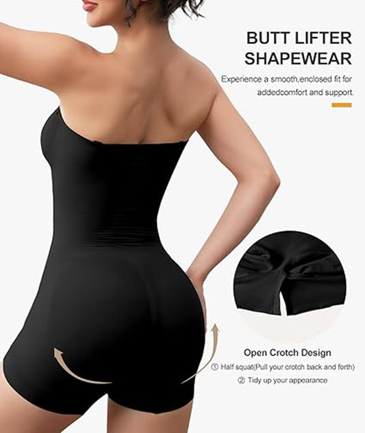 Off Shoulder Bandeau Shapewear Bodysuit For Women, Sexy Strapless Tummy Control Waist Slim Butt Lifting Seamless Body Sculpting Suit
