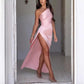 Sexy One-shoulder Backless Slit Dress Summer Elegant Slim-fit Solid Color Satin Dresses For Women