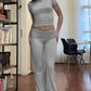 Casual Solid Color Slim Fit Two-piece Pants Set, Short Sleeved Round Neck T-shirt And Tight Flared Pants Sports Pants Clothing, Women's Clothing