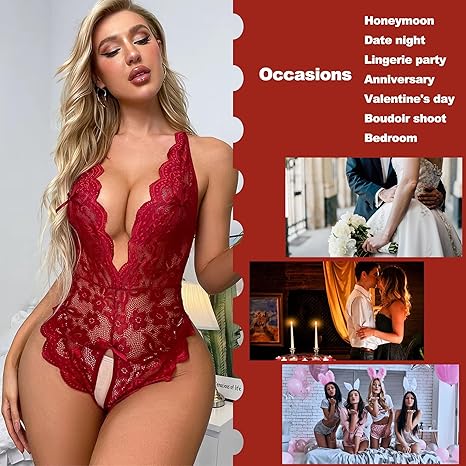 Sexy Lingerie For Women One Piece Bodysuit Deep V Lace Teddy Mini Babydoll Nightgown
