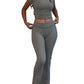 Casual Solid Color Slim Fit Two-piece Pants Set, Short Sleeved Round Neck T-shirt And Tight Flared Pants Sports Pants Clothing, Women's Clothing