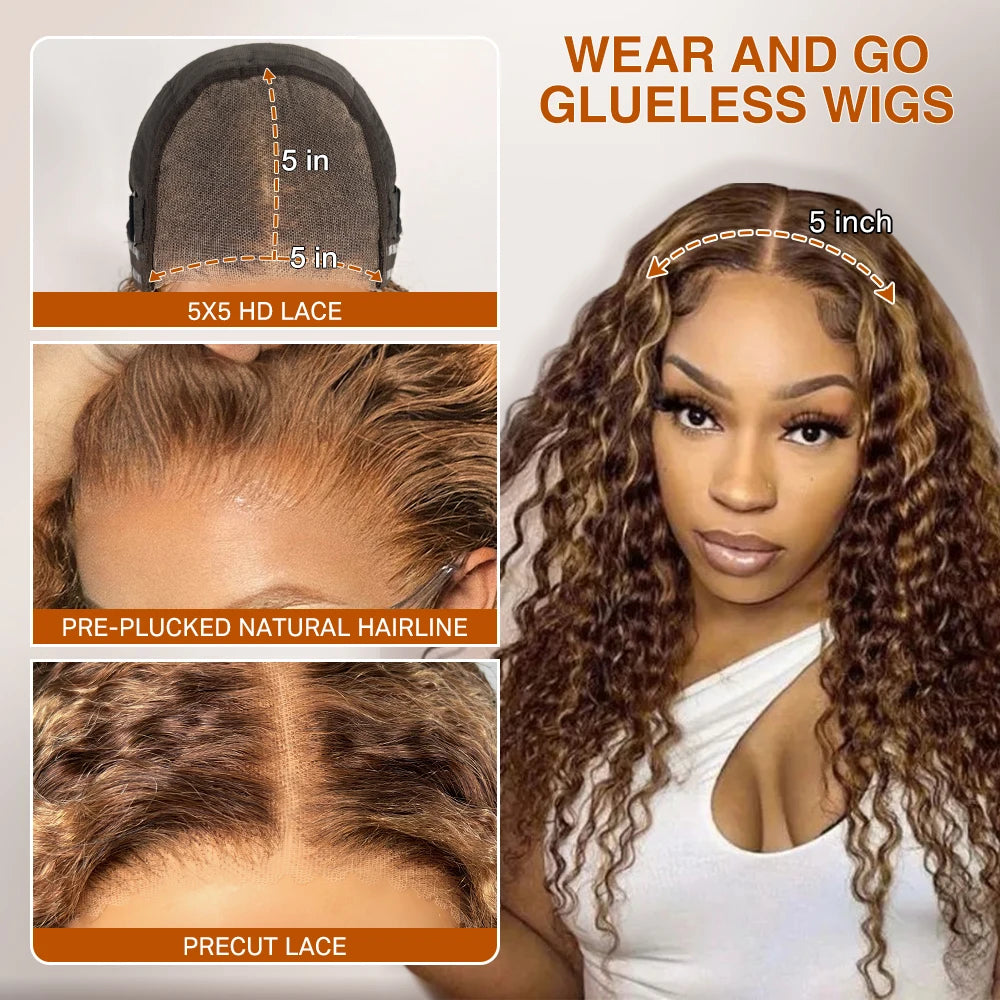Honey Blonde Deep Wave Glueless Wigs Human Hair Pre Cut Highlight Wear and Go Curly Wigs for Women Ombre HD Lace Front Wig