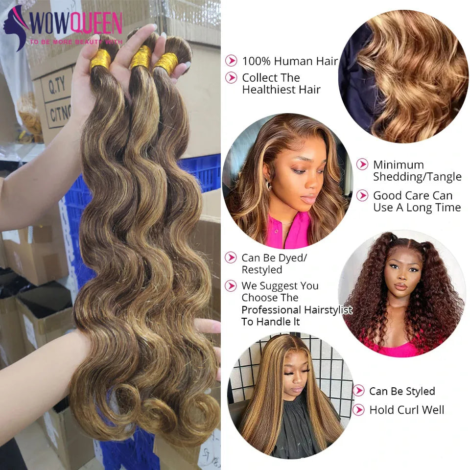 P4/27 Highlight Body Wave Bundles Brazilian Hair Weave Bundles Ombre Honey Brown Colored Human Hair Bundles Remy Hair Extensions