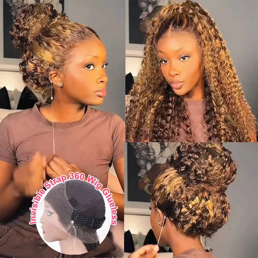Highlight 360 Full Lace Wig Curly Human Hair Pre Plucked Deep Wave Glueless Invisible Strap Lace Frontal Wig Honey Blonde Color