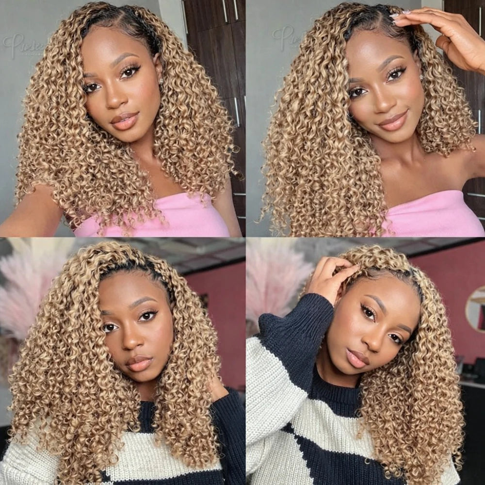 #27 Burmese Kinky Curly Feather Crochet Hair Extensions Honey Blonde Color Knotless Curly Human Hair Pre Separated For Women