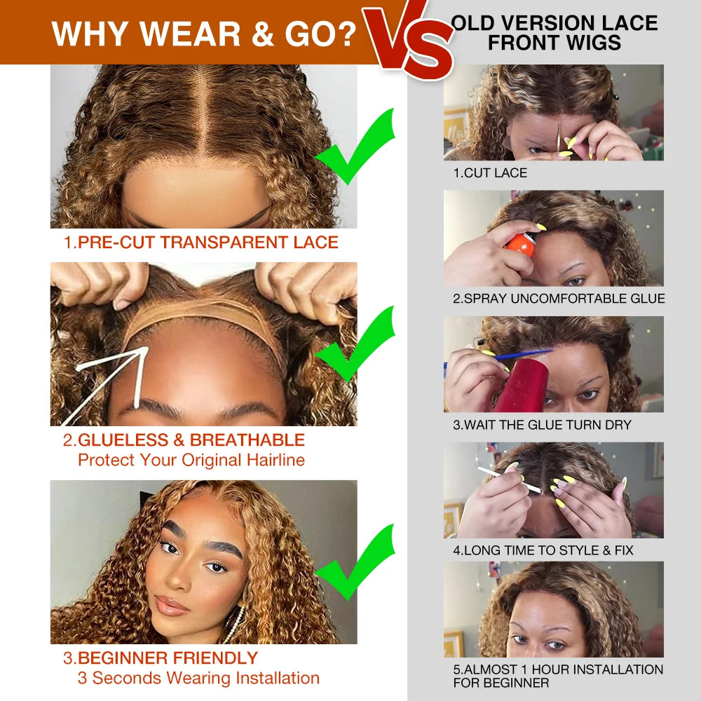 Honey Blonde Deep Wave Glueless Wigs Human Hair Pre Cut Highlight Wear and Go Curly Wigs for Women Ombre HD Lace Front Wig