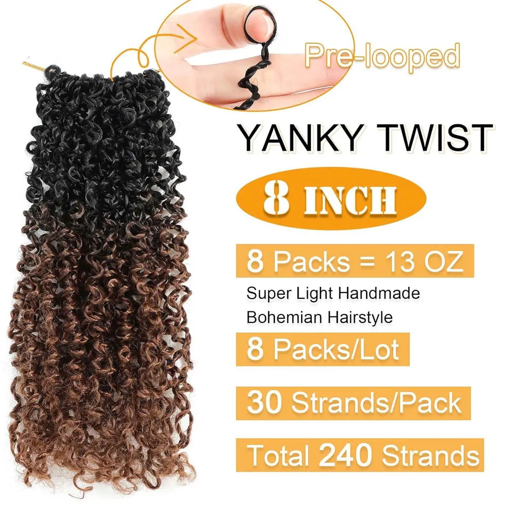 8"Yanky Twist Crochet Hair Pre-Looped Ombre Brown Synthetic Crochet Hair with Curly Ends Yank Twist Crochet Hair For Black Women