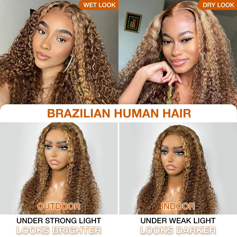 Honey Blonde Deep Wave Glueless Wigs Human Hair Pre Cut Highlight Wear and Go Curly Wigs for Women Ombre HD Lace Front Wig