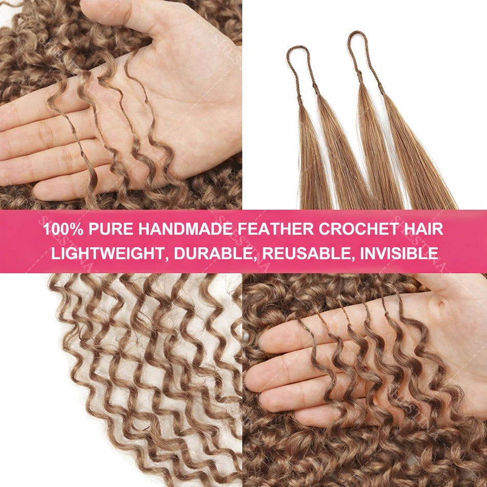 Honey Blonde Feather Crochet Human Hair Extensions Knotless Pre-Separated Pixie Curl Small Spirals Curly Crochet Hair for Boho