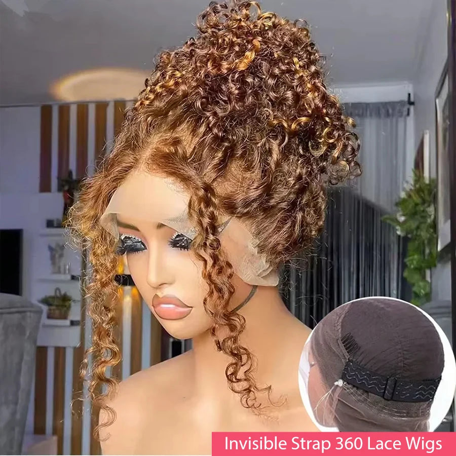 Highlight 360 Full Lace Wig Curly Human Hair Pre Plucked Deep Wave Glueless Invisible Strap Lace Frontal Wig Honey Blonde Color