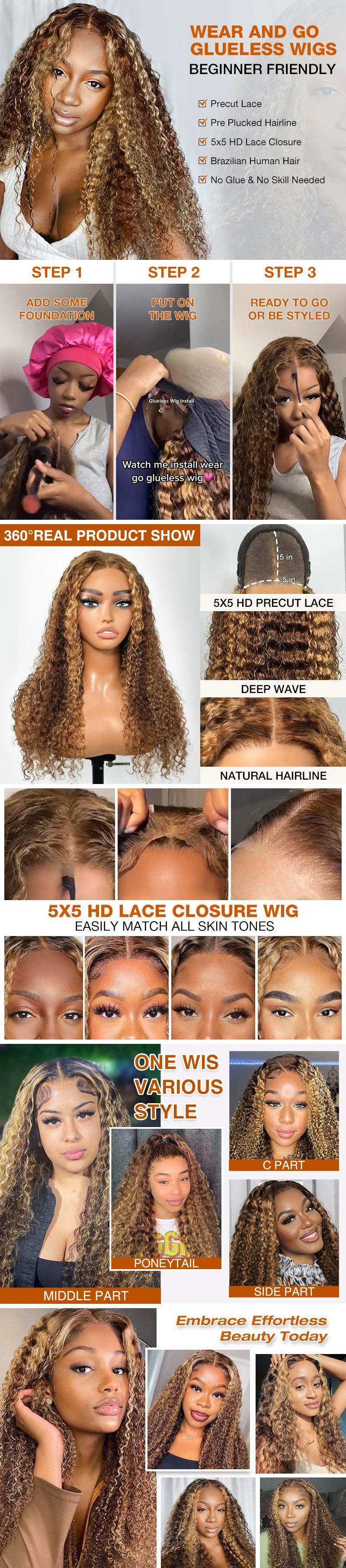 Honey Blonde Deep Wave Glueless Wigs Human Hair Pre Cut Highlight Wear and Go Curly Wigs for Women Ombre HD Lace Front Wig
