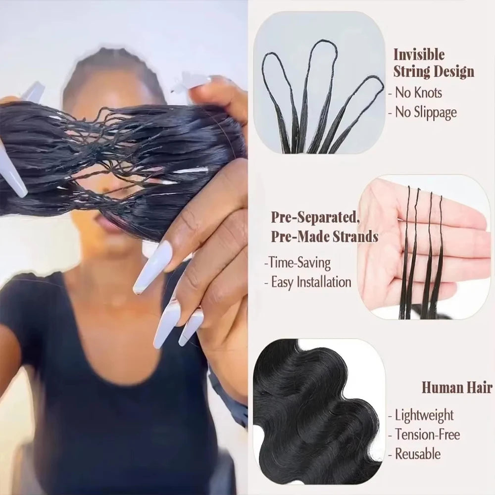 Body Wave Crochet Pre-Separated Human Hair For Women Extensions Knotless With Invisible String Reusable Feather Crochet Hair