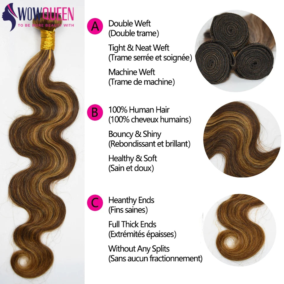 P4/27 Highlight Body Wave Bundles Brazilian Hair Weave Bundles Ombre Honey Brown Colored Human Hair Bundles Remy Hair Extensions