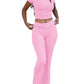 Casual Solid Color Slim Fit Two-piece Pants Set, Short Sleeved Round Neck T-shirt And Tight Flared Pants Sports Pants Clothing, Women's Clothing