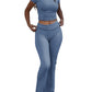 Casual Solid Color Slim Fit Two-piece Pants Set, Short Sleeved Round Neck T-shirt And Tight Flared Pants Sports Pants Clothing, Women's Clothing