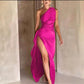 Sexy One-shoulder Backless Slit Dress Summer Elegant Slim-fit Solid Color Satin Dresses For Women